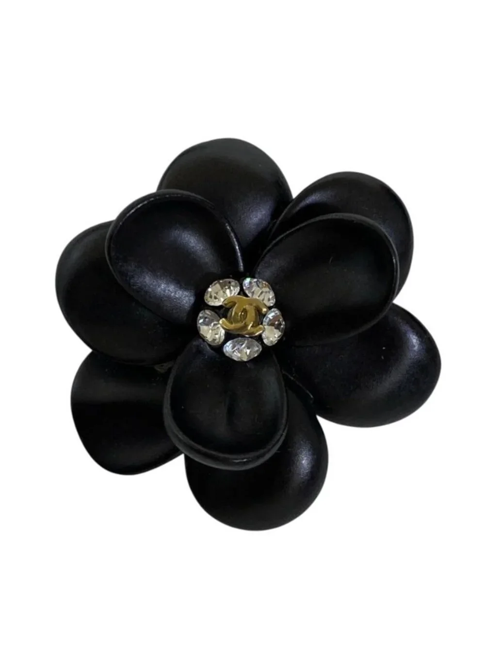 Chanel 02A Brooch CC Logo Camellia Flower Motif Rhinestone Metal Black